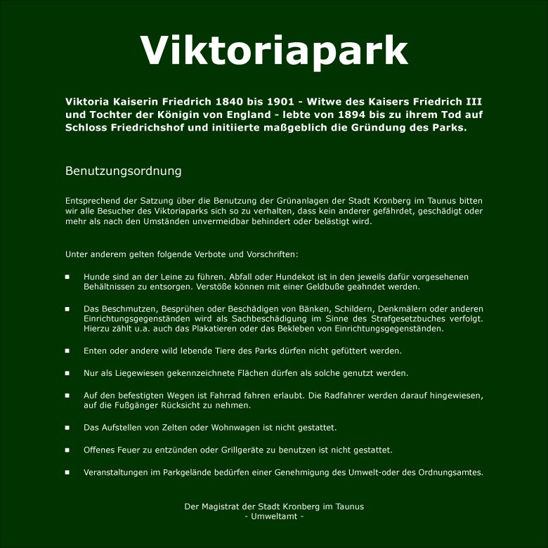 Solche Hinweise auf die Parkordnung finden sich an vielen Stellen im Victoriapark.